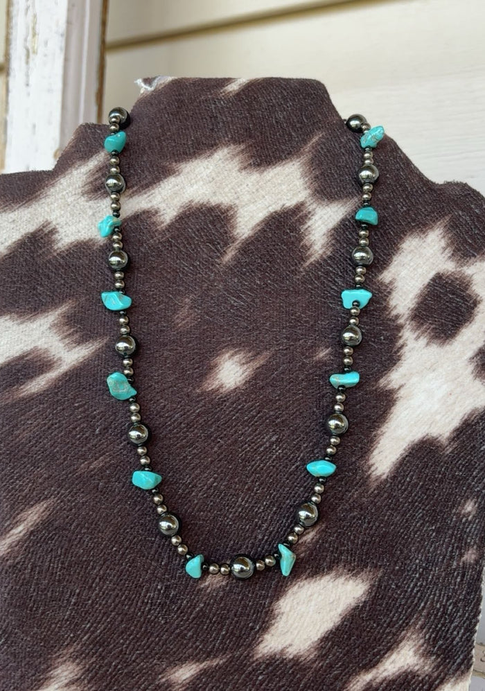 Metal Beaded & Turquoise Stone Necklace