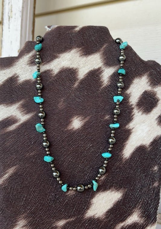 Metal Beaded & Turquoise Stone Necklace