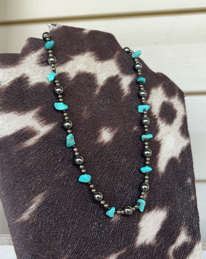 Metal Beaded & Turquoise Stone Necklace