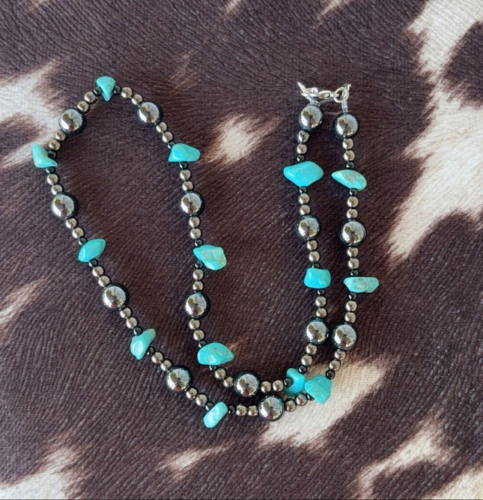 Metal Beaded & Turquoise Stone Necklace