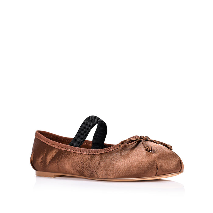 Milly Mary-Jane Flats - Cocoa Brown Satin