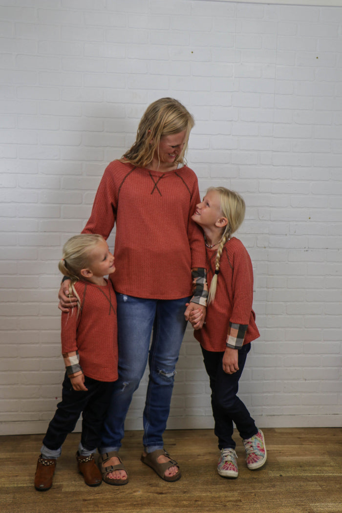 Mommy&Me Plaid Detail Waffle Top- Final Sale Long Sleeve Top 12 PM by Mon Ami- Tilden Co.