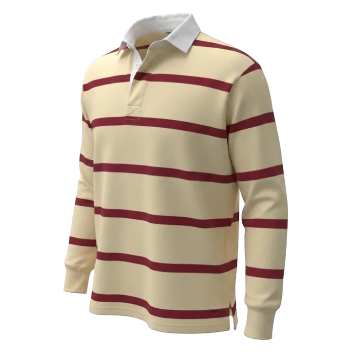 Withernot Monhegan rugby shirt in cream with maroon horizontal stripes, white collar, and button placket.