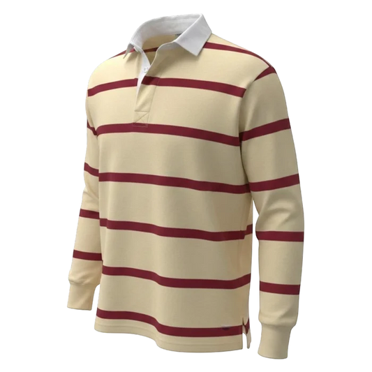 Withernot Monhegan rugby shirt in cream with maroon horizontal stripes, white collar, and button placket.