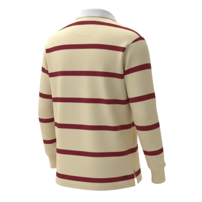 Withernot Monhegan rugby shirt in cream with maroon horizontal stripes and a white collar. Long sleeves and a relaxed fit.