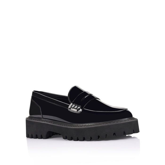 Women's chunky sole platform black patent loafer