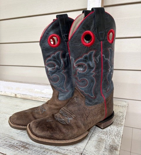 Old West Blue & Red Stitched Leather Square Toe Boots