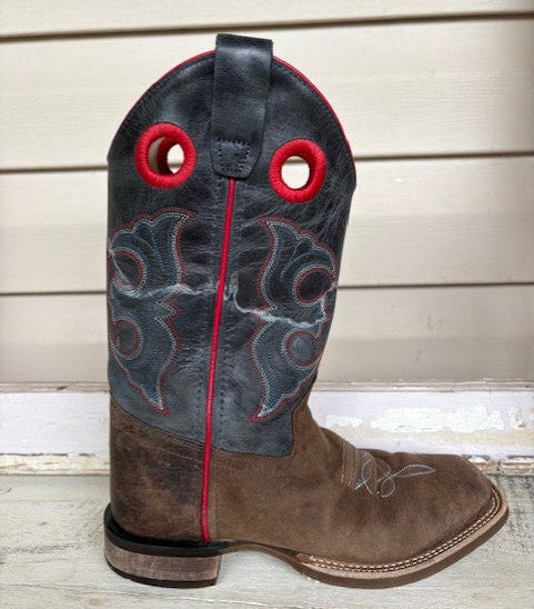 Old West Blue & Red Stitched Leather Square Toe Boots