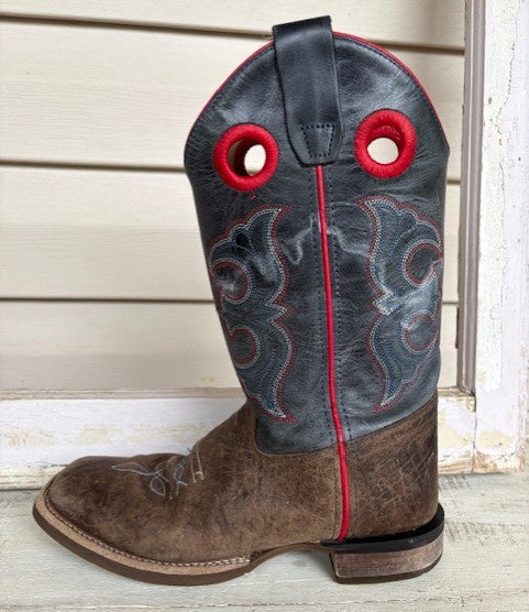 Old West Blue & Red Stitched Leather Square Toe Boots