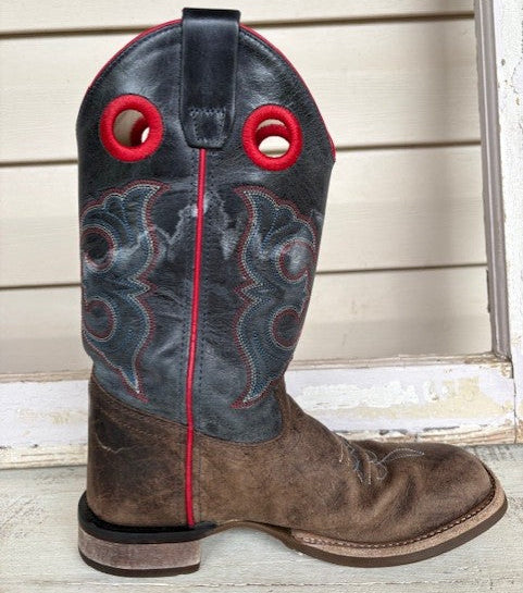Old West Blue & Red Stitched Leather Square Toe Boots