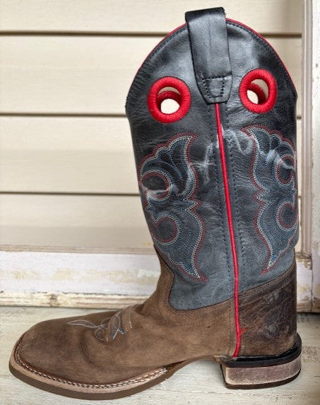 Old West Blue & Red Stitched Leather Square Toe Boots
