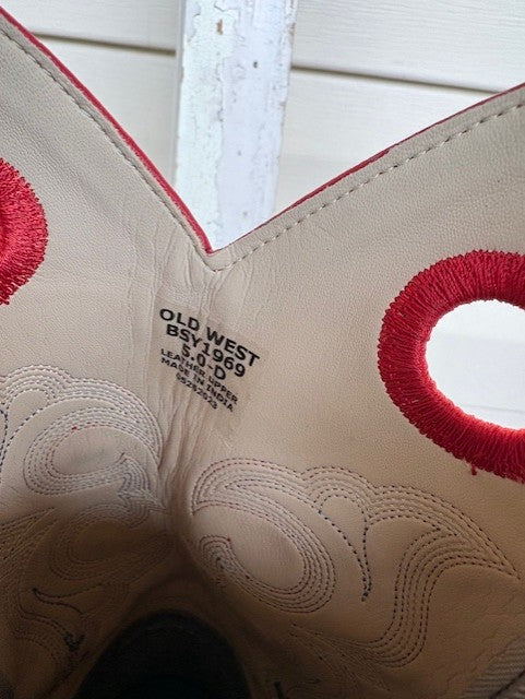 Old West Blue & Red Stitched Leather Square Toe Boots