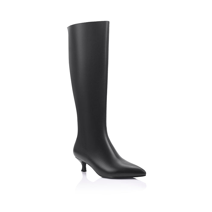 Black high knee smooth boot with a kitten heel and zip closure