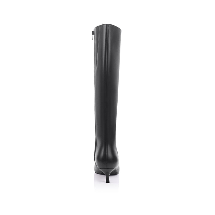 Black high knee smooth boot with a kitten heel and zip closure