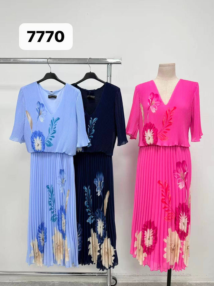 Orchid Print V Plisse Pleated Maxi Dress