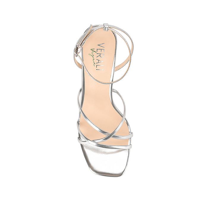 Women's heeled strappy sandal in metallic silver vegan leather with ankle strap and square toe