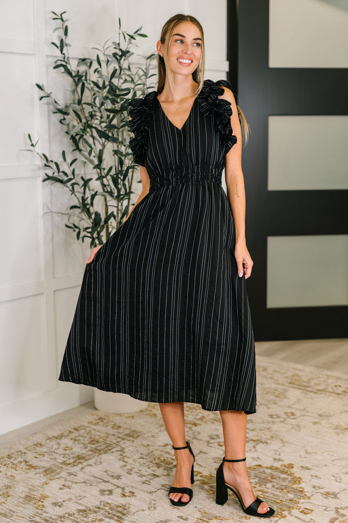 Pinstripe Romance V-Neck Ruffle Sleeve Dress in Black Knee Length Dress Ave Shops- Tilden Co.