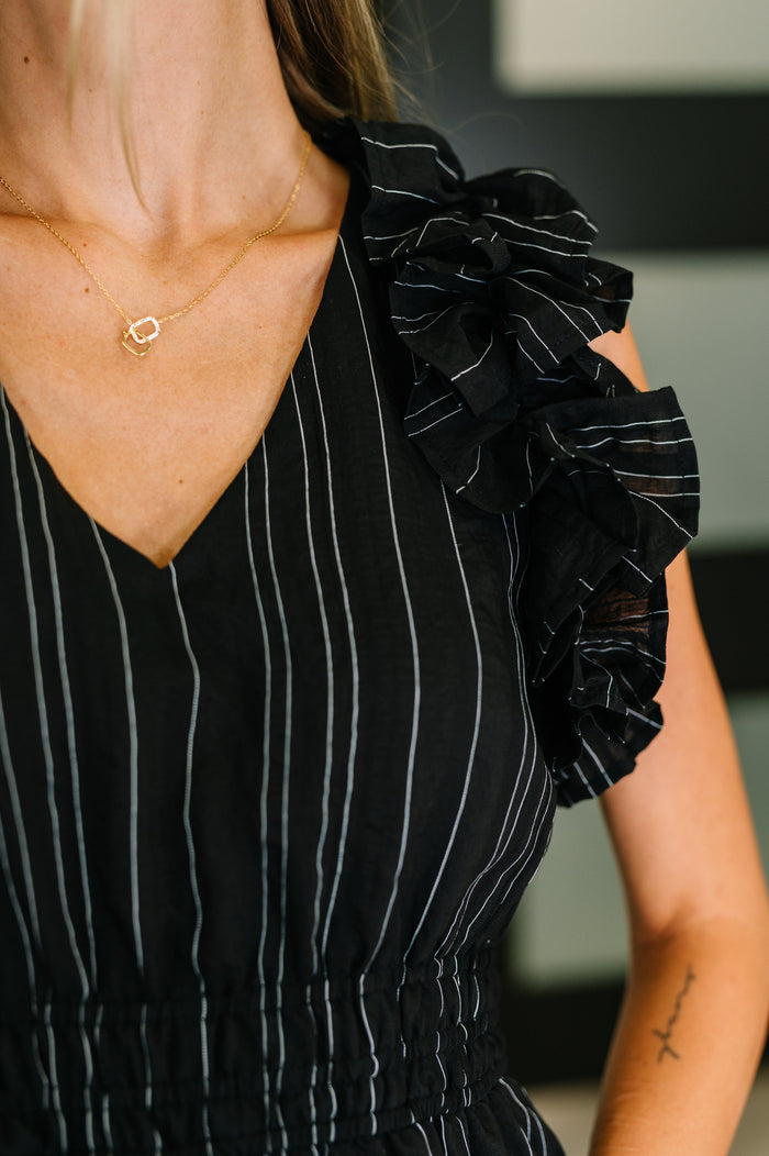 Pinstripe Romance V-Neck Ruffle Sleeve Dress in Black Knee Length Dress Ave Shops- Tilden Co.