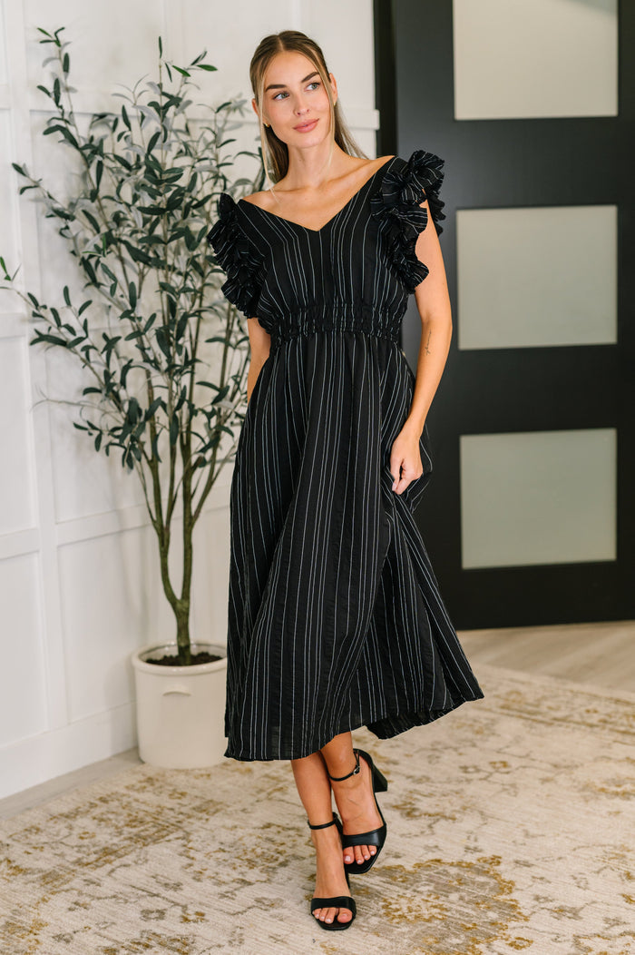 Pinstripe Romance V-Neck Ruffle Sleeve Dress in Black Knee Length Dress Ave Shops- Tilden Co.