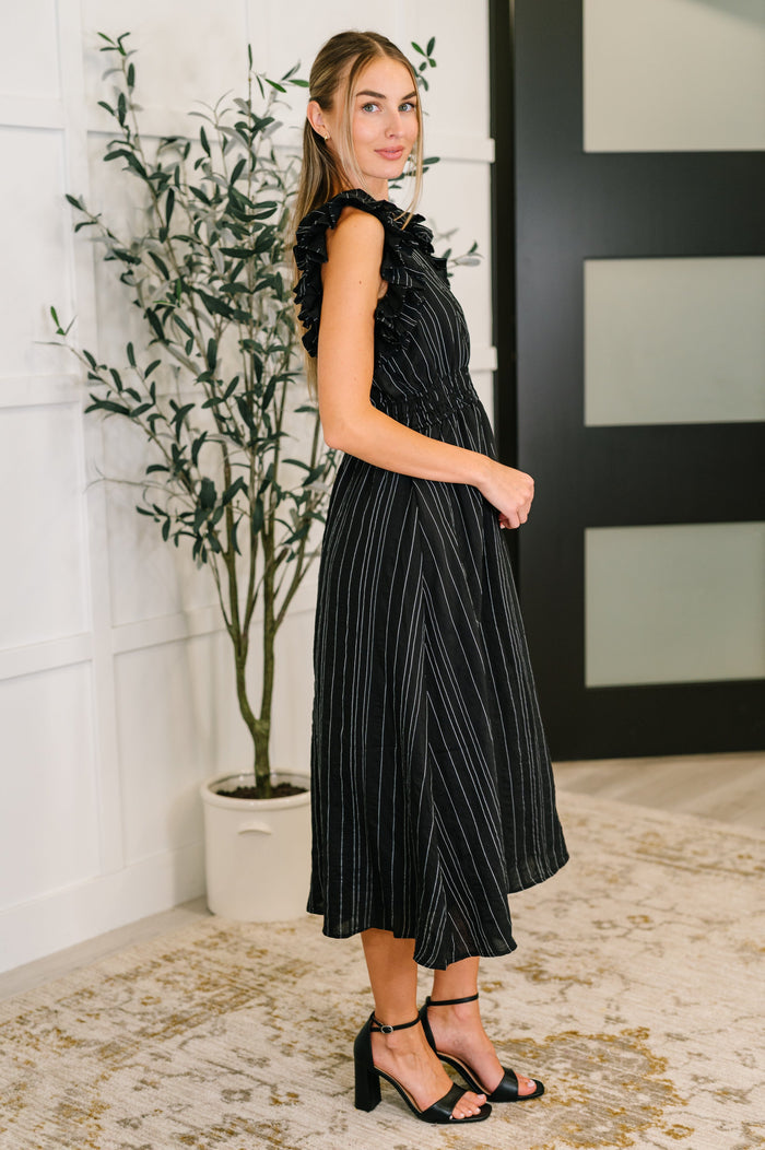 Pinstripe Romance V-Neck Ruffle Sleeve Dress in Black Knee Length Dress Ave Shops- Tilden Co.