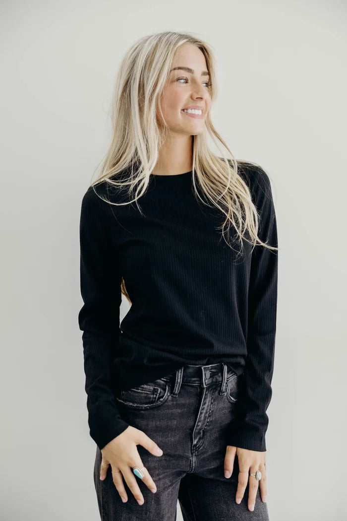 Pointelle Long Sleeve Tee in Black Long Sleeve Top Mikarose- Tilden Co.
