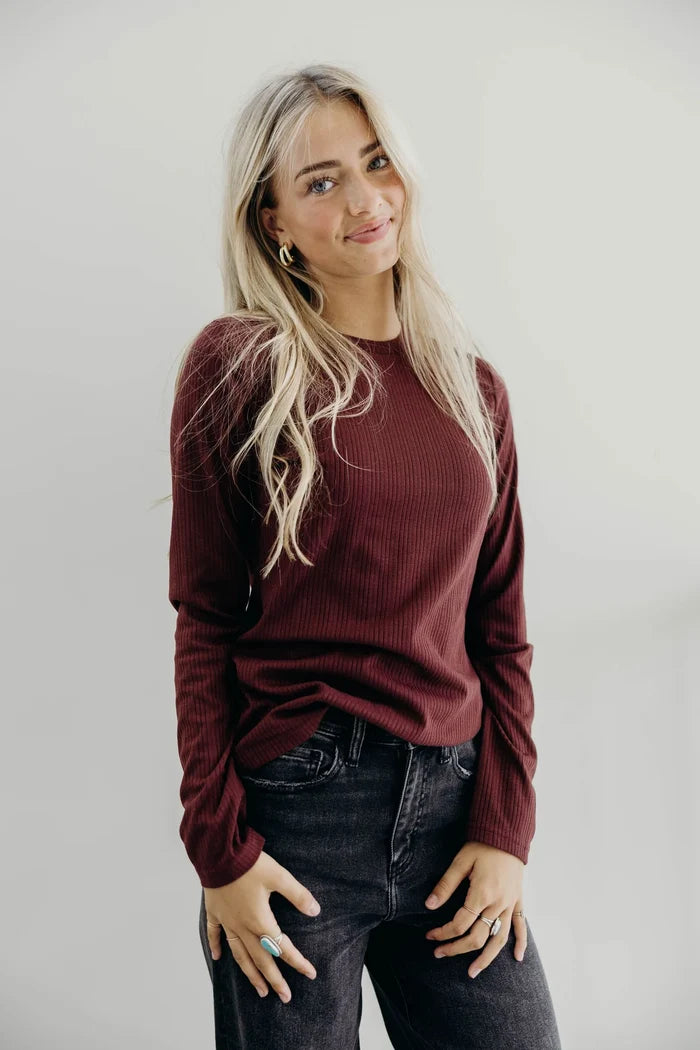 Pointelle Long Sleeve Tee in Wine Long Sleeve Top Mikarose- Tilden Co.