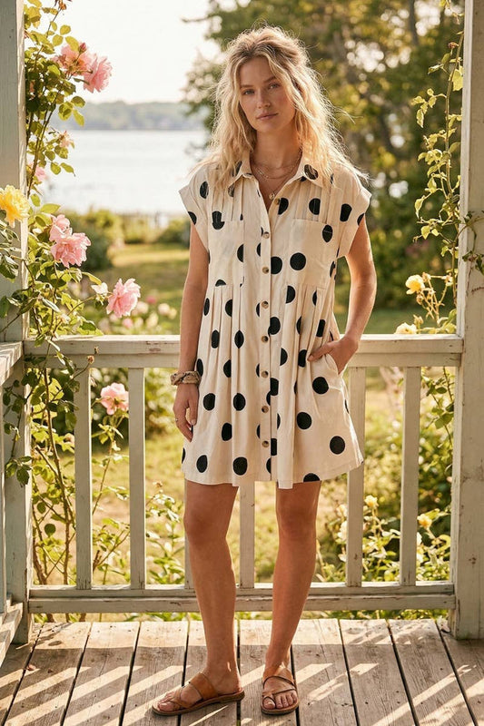 Polka Dot Button Down Mini Dress Small Small Knee Length Dress Sewn and Seen- Tilden Co.