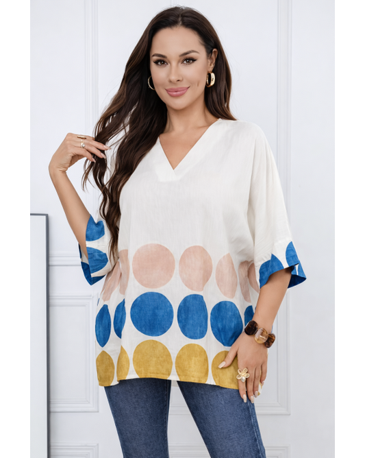 Polka Dot Linen Blend V-Neck Top - 290