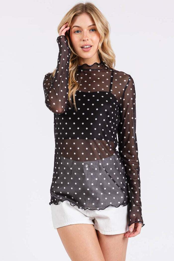 Polka Dot mesh Long Sleeve Top Layering Top Sewn and Seen- Tilden Co.