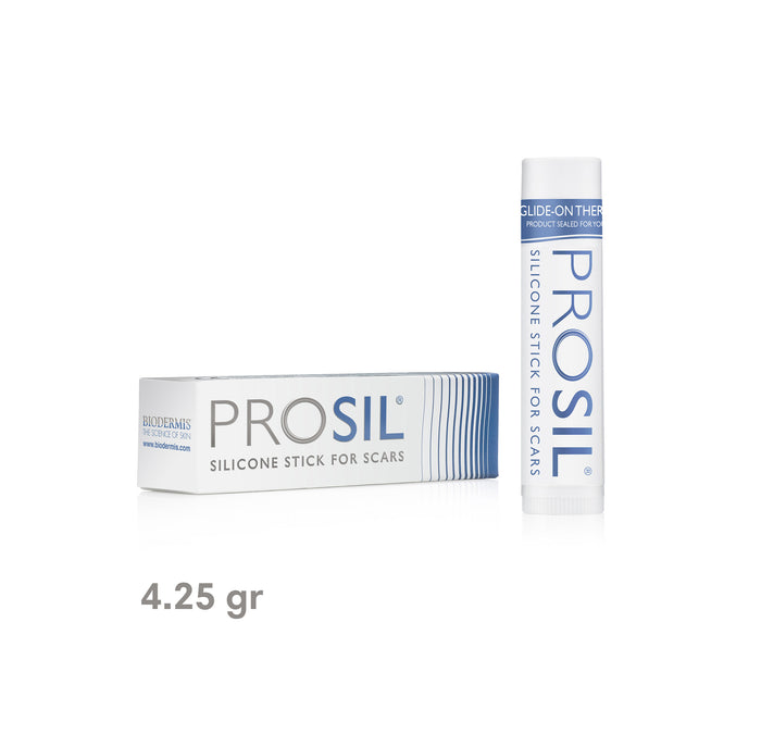 A package and stick of Pro-Sil Biodermis Silicone Scar Gel, 4.25 grams, with branding and product information displayed.