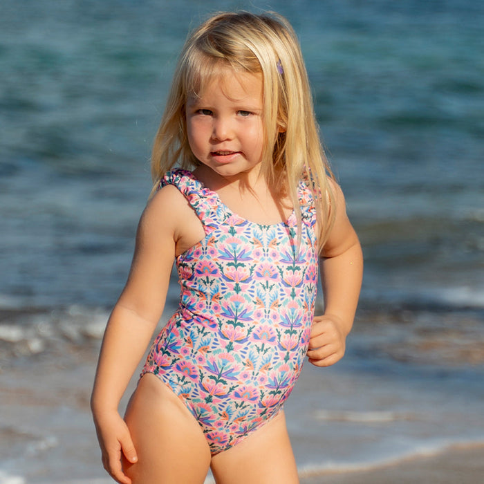 Puffy Sleeve One Piece Swimsuit (Girls) Mango Blossom Floral / 2T Mango Blossom Floral 2T One Piece Swimsuit Janela Bay- Tilden Co.