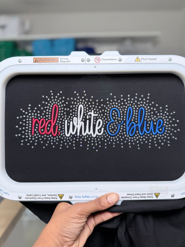 Red, White & Blue Satin Stitch Embroidery Design w/10 ss Rhinestone Template