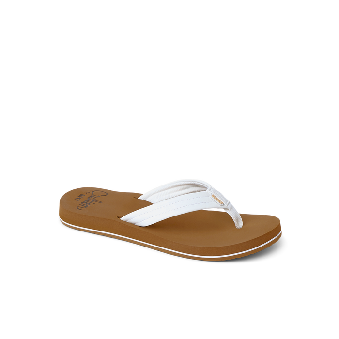 Reef Cushion Breeze sandal facing right, white straps with anatomical arch support and soft cushioning sole for beach comfort.