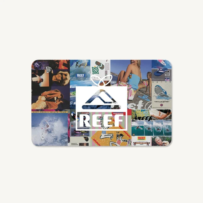 Reef Digital Gift Card featuring a collage of surf lifestyle images and the REEF logo promoting beach comfort and style.