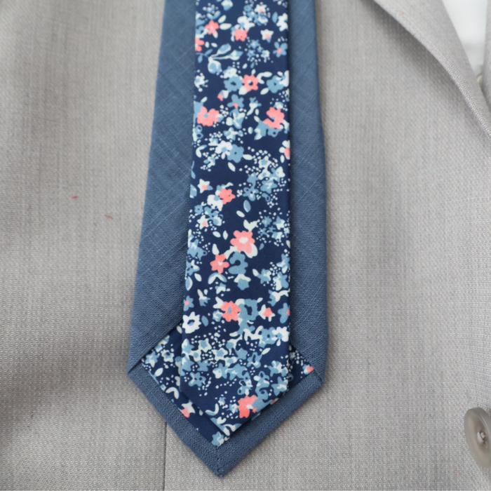 Remington Two-Tone Slate Blue Solid Front & Blue Floral Tail Tie necktie Tie Mood- Tilden Co.