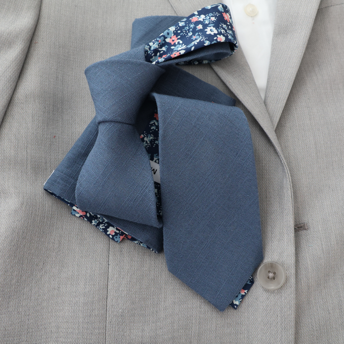 Remington Two-Tone Slate Blue Solid Front & Blue Floral Tail Tie necktie Tie Mood- Tilden Co.