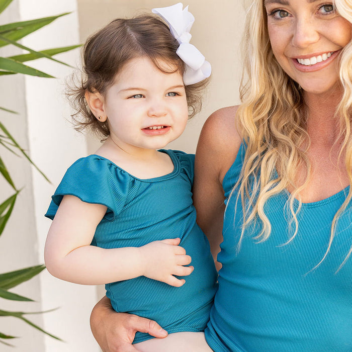 Ruffle Sleeve One Piece (Girls) Dark Teal Ribbed / 2T Dark Teal Ribbed 2T One Piece Swimsuit Janela Bay- Tilden Co.