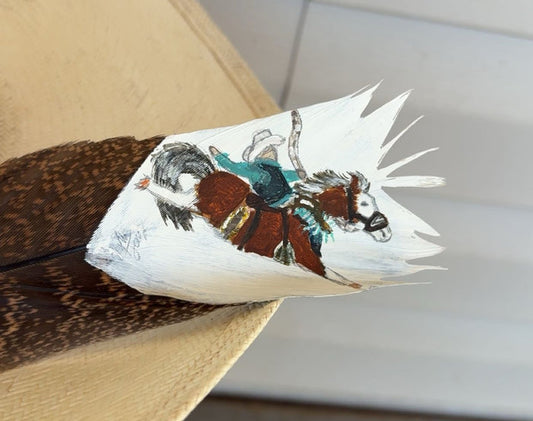 Saddle Bronc Riding - Bald Face Horse - Painted Turkey Feather