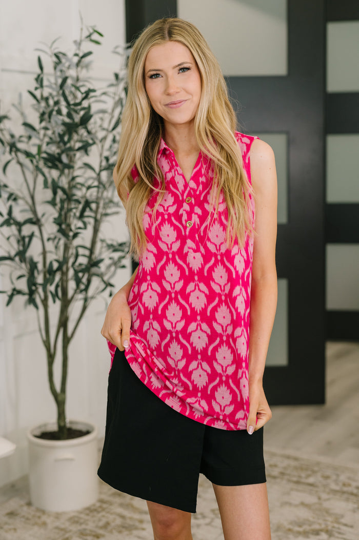 Sea Spray Collared Sleeveless Top in Floral Ikat Tank Top Ave Shops- Tilden Co.