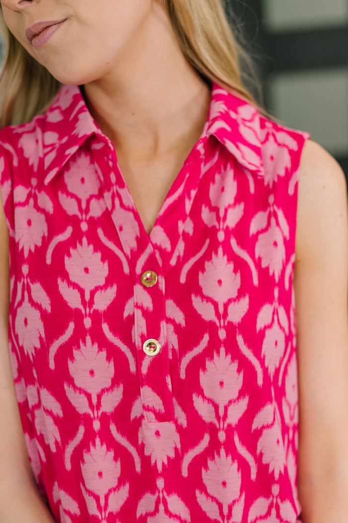 Sea Spray Collared Sleeveless Top in Floral Ikat Tank Top Ave Shops- Tilden Co.