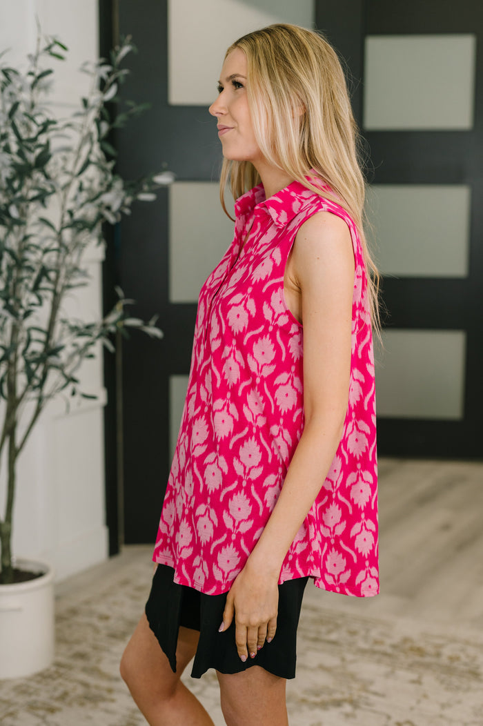 Sea Spray Collared Sleeveless Top in Floral Ikat Tank Top Ave Shops- Tilden Co.