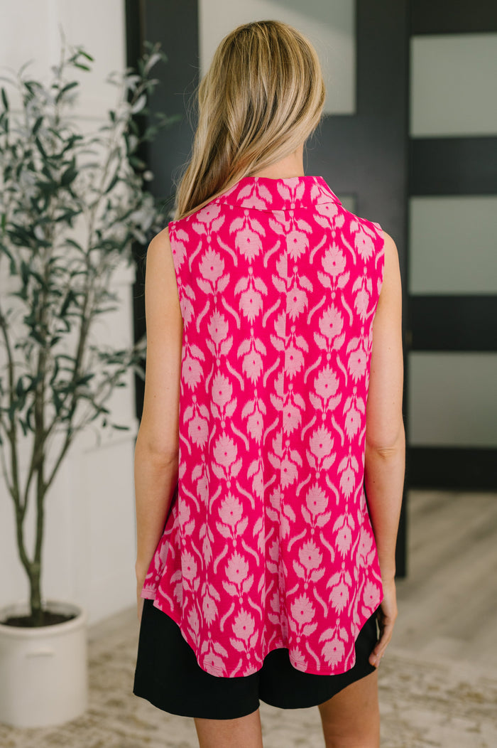 Sea Spray Collared Sleeveless Top in Floral Ikat Tank Top Ave Shops- Tilden Co.