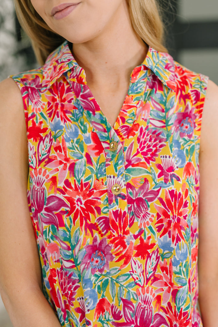 Sea Spray Collared Sleeveless Top in Island Bloom Tank Top Ave Shops- Tilden Co.