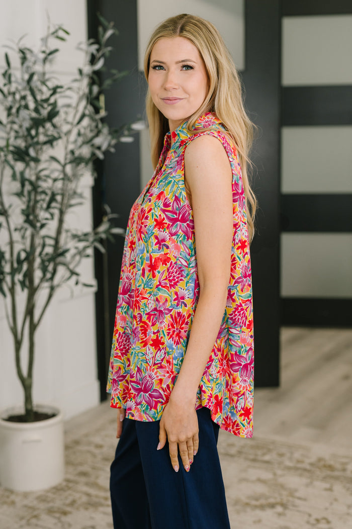 Sea Spray Collared Sleeveless Top in Island Bloom Tank Top Ave Shops- Tilden Co.