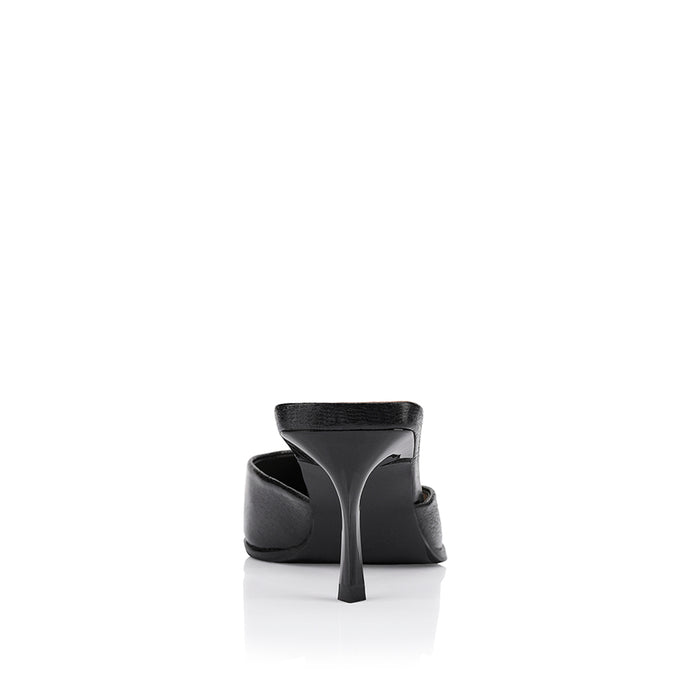 Women's kitten heel point toe mule in black crinkle with buckle detailing