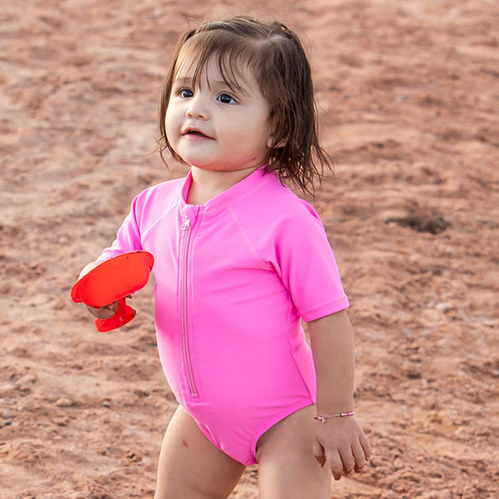 Short Sleeve Rash Guard One Piece Swimsuit (Girls) Bright Pink / 3-6 Months Bright Pink 3-6 Months One Piece Swimsuit Janela Bay- Tilden Co.