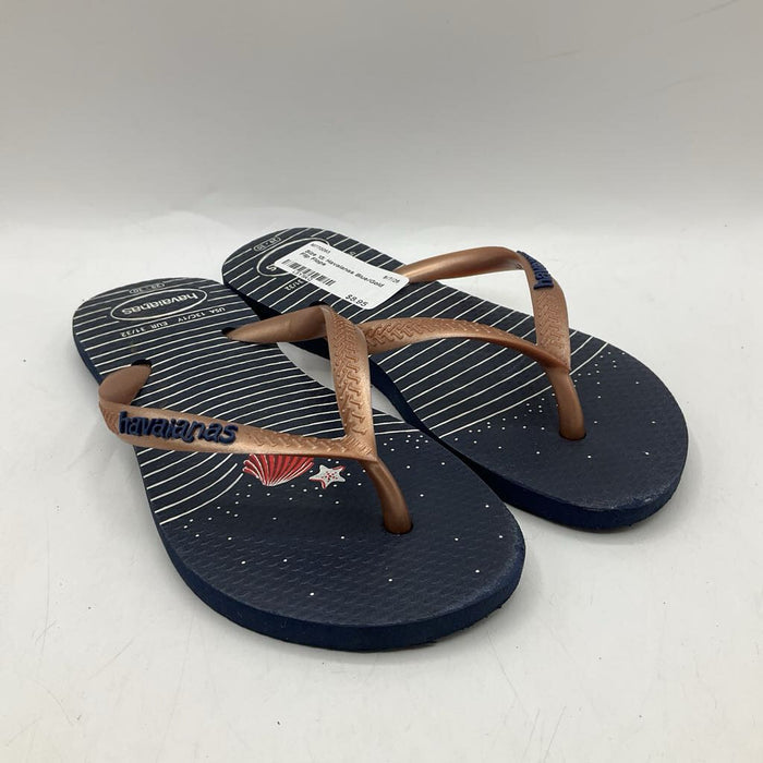Size 13: Havaianas Blue/Gold Flip Flops