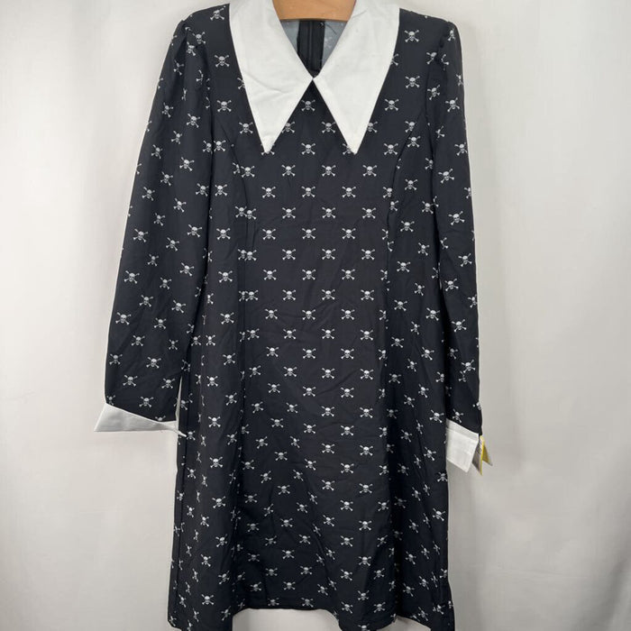 Size 14-16: Black White Collar & Skulls Long Sleeve Dress 'Wednesday Adams' Costume