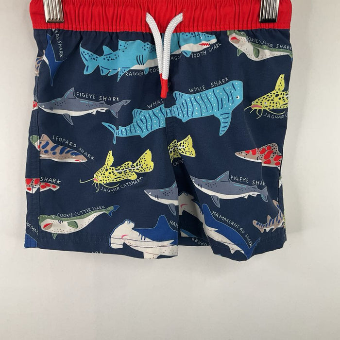 Size 3-4: Mini Boden Blue/Colorful Shark Print Swim Trunks