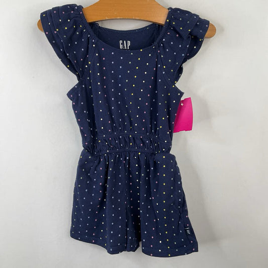 Size 3: GAP Navy/Rainbow Polka Dots Ruffle Sleeve Shorty Romper